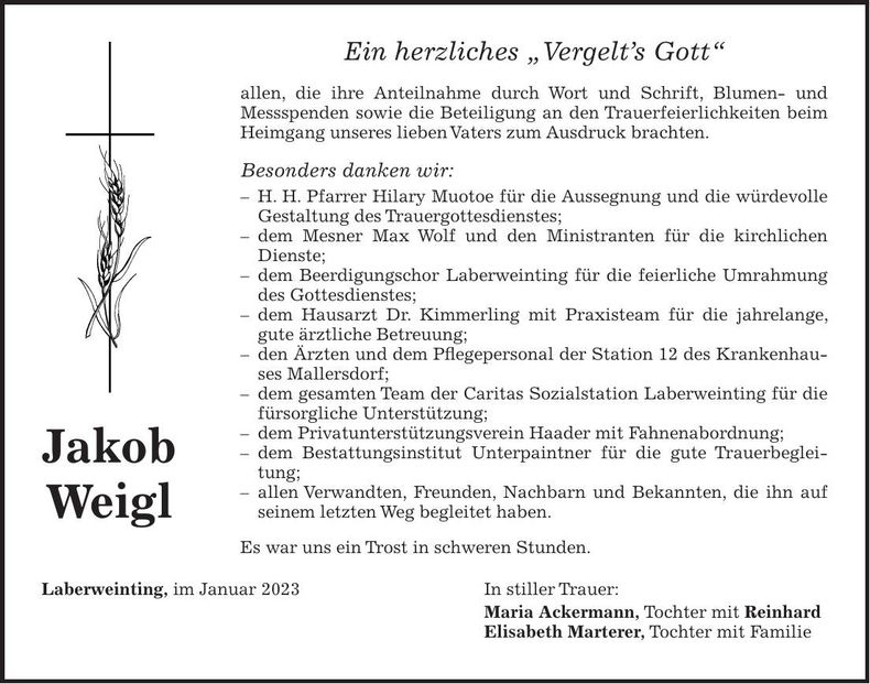Traueranzeige Jakob Weigl