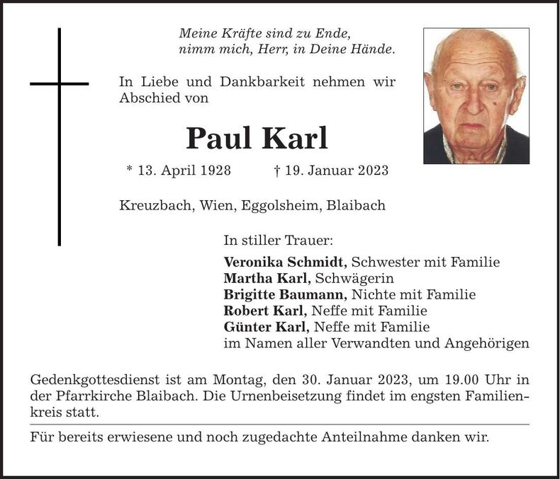 Traueranzeige Paul Karl