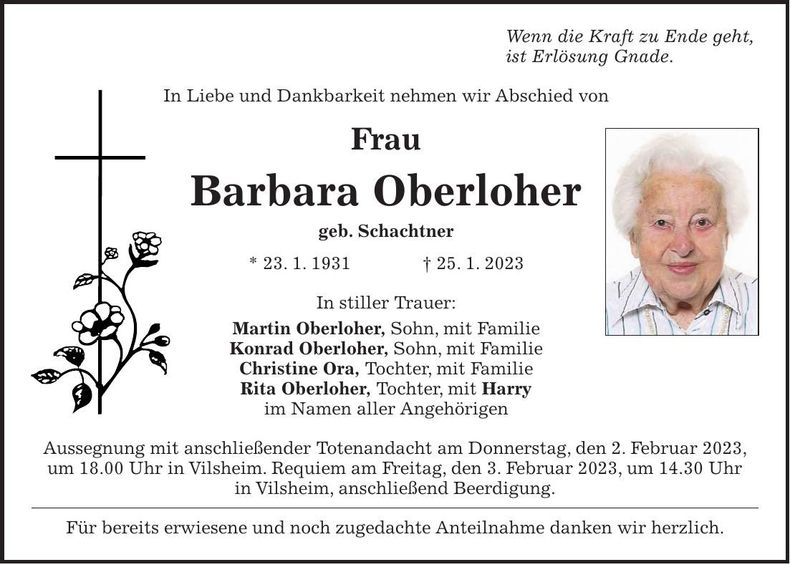 Traueranzeige Barbara Oberloher