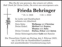 Traueranzeige Frieda Behringer