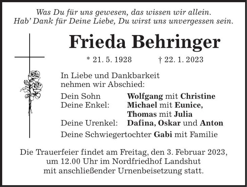 Traueranzeige Frieda Behringer