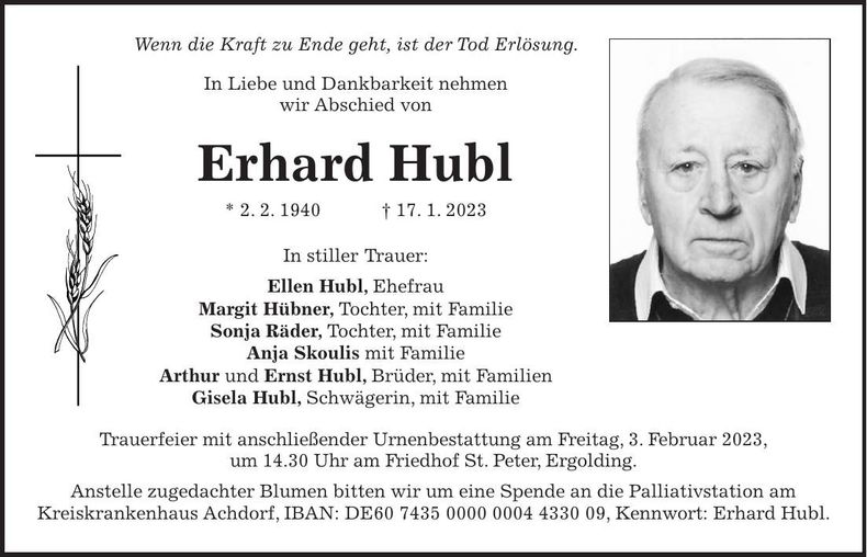 Traueranzeige Erhard Hubl