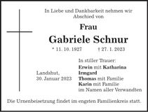 Traueranzeige Gabriele Schnur