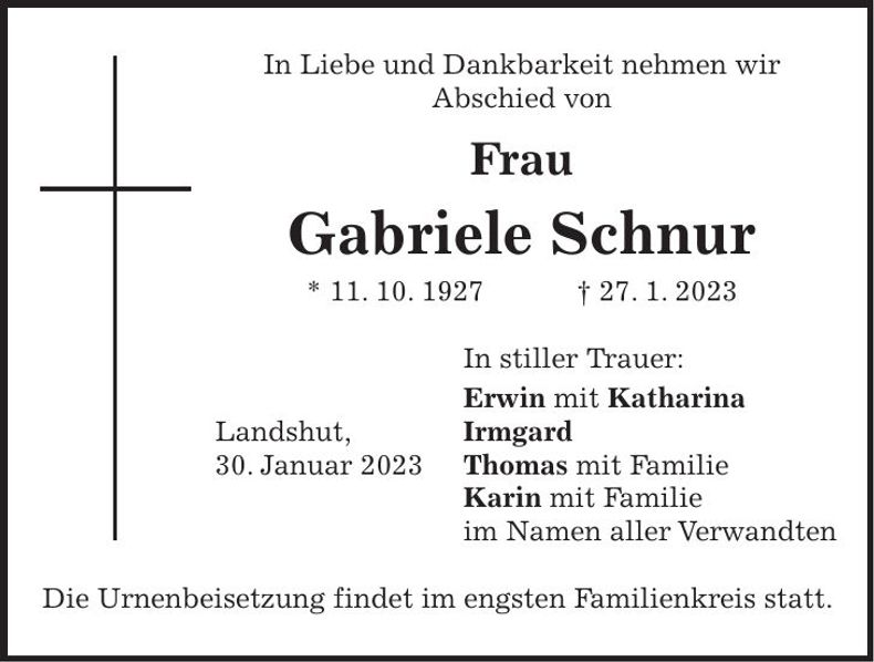 Traueranzeige Gabriele Schnur