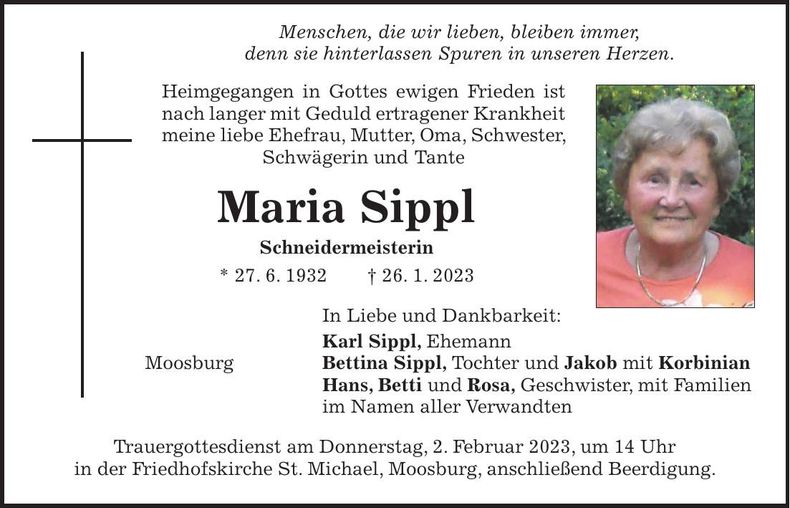 Traueranzeige Maria Sippl