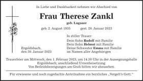 Traueranzeige Therese Zankl