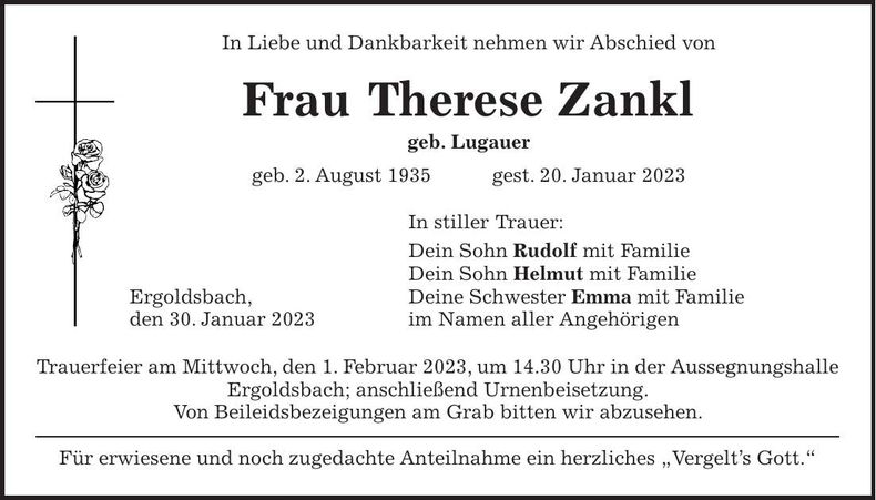 Traueranzeige Therese Zankl
