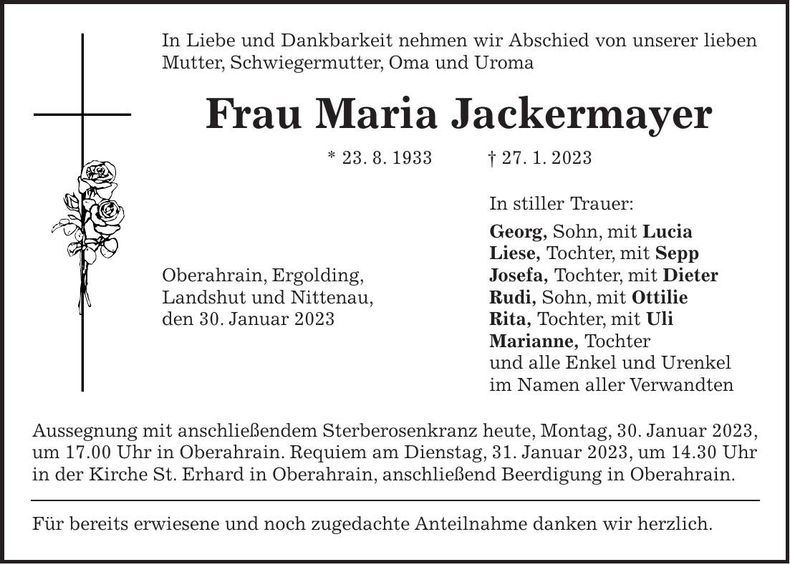 Traueranzeige Maria Jackermayer