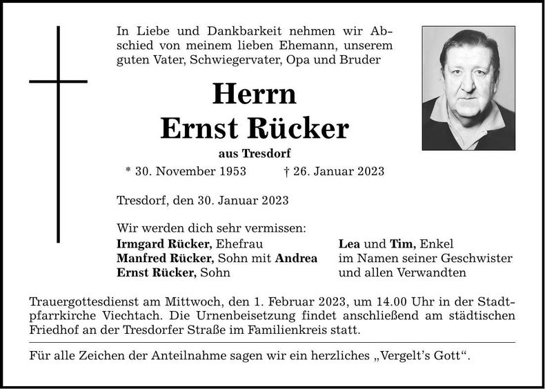 Traueranzeige Ernst Rücker