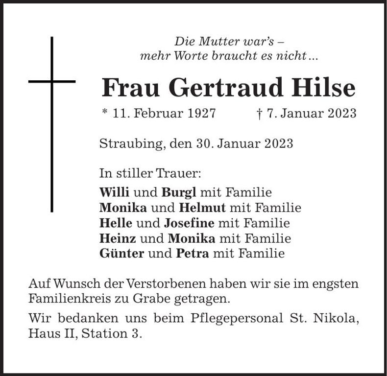 Traueranzeige Gertraud Hilse