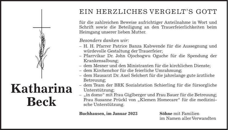 Traueranzeige Katharina Beck