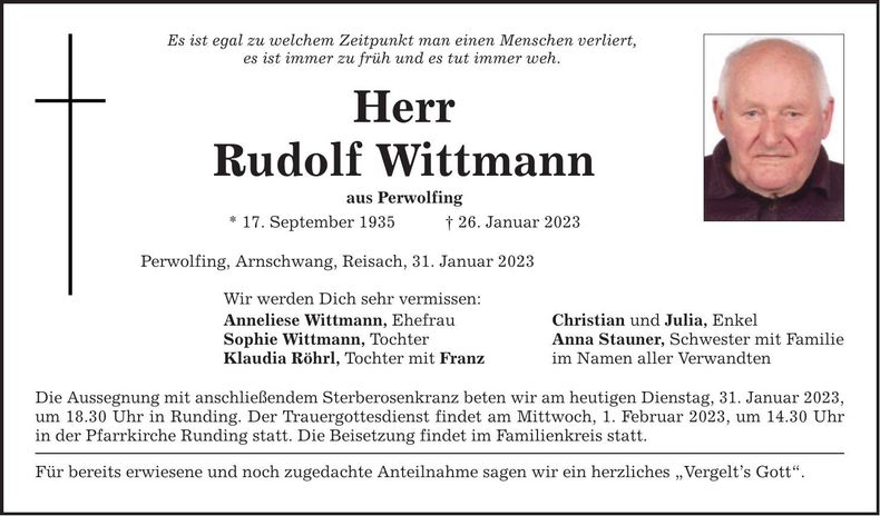 Traueranzeige Rudolf Wittmann