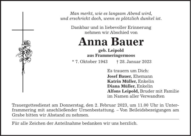 Traueranzeige Anna Bauer