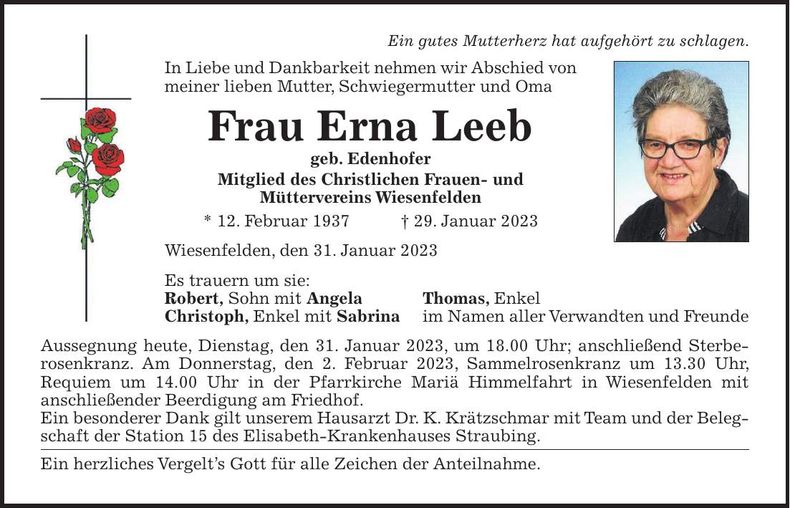 Traueranzeige Erna Leeb