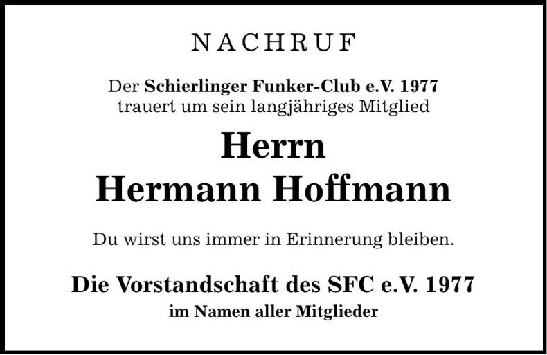 Traueranzeige Hermann Hoffmann