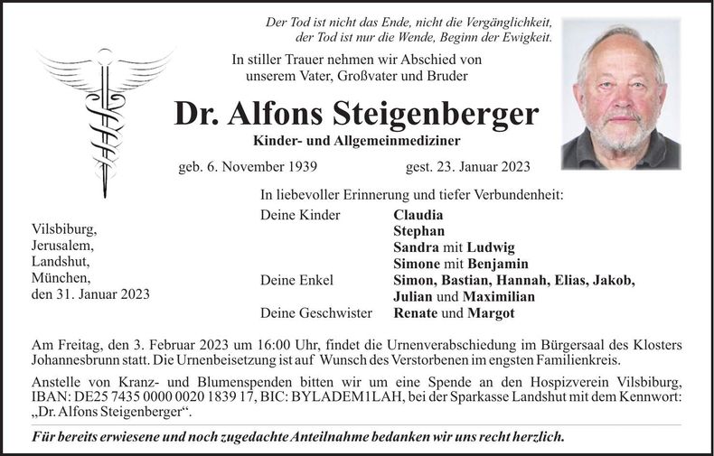 Traueranzeige Dr. Alfons Steigenberger