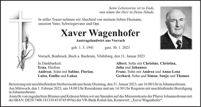 Traueranzeige Xaver Wagenhofer