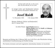 Traueranzeige Josef Raidl