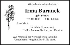 Traueranzeige Irma Baranek