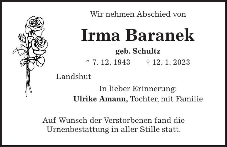 Traueranzeige Irma Baranek