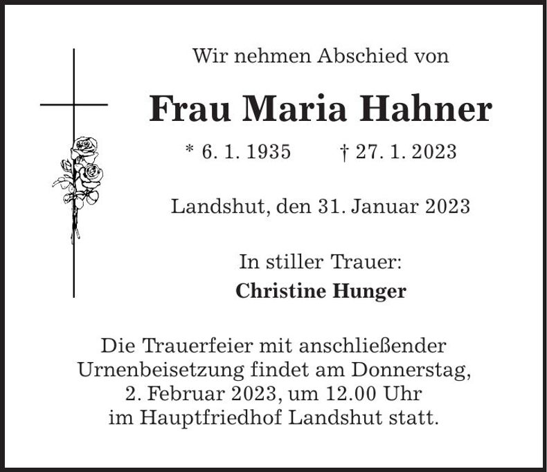 Traueranzeige Maria Hahner