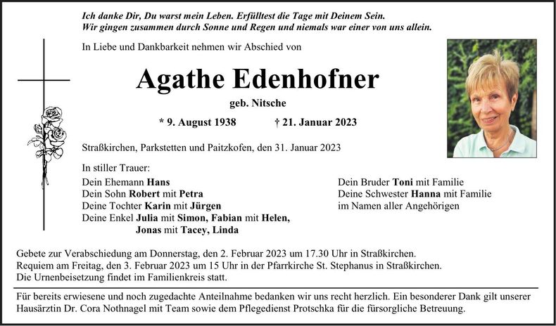 Traueranzeige Agathe Edenhofner