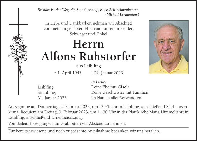 Traueranzeige Alfons Ruhstorfer