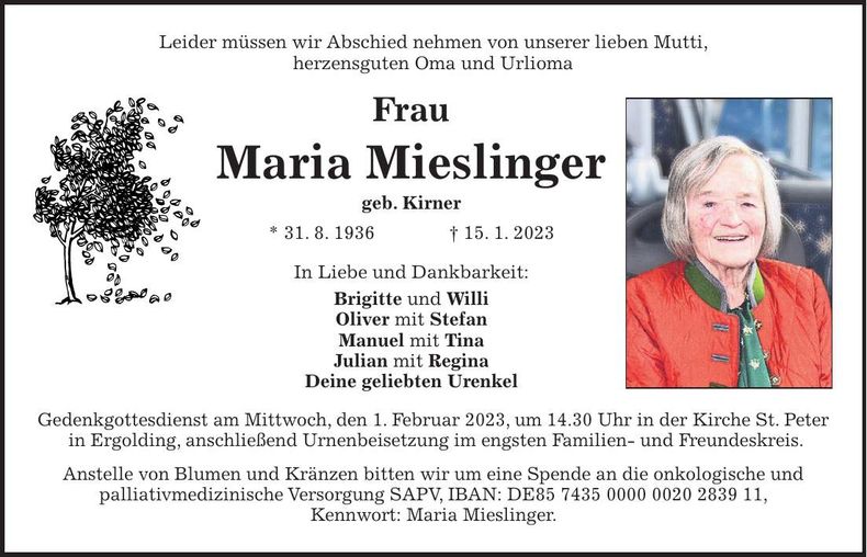 Traueranzeige Maria Mieslinger