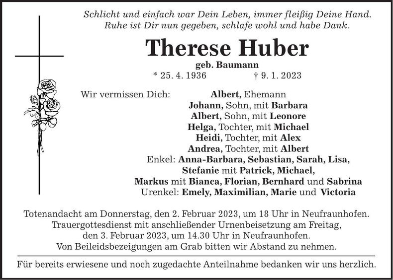 Traueranzeige Therese Huber