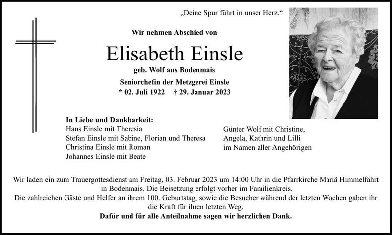 Traueranzeige Elisabeth Einsle