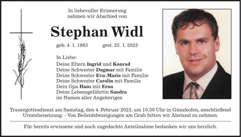 Traueranzeige Stephan Widl