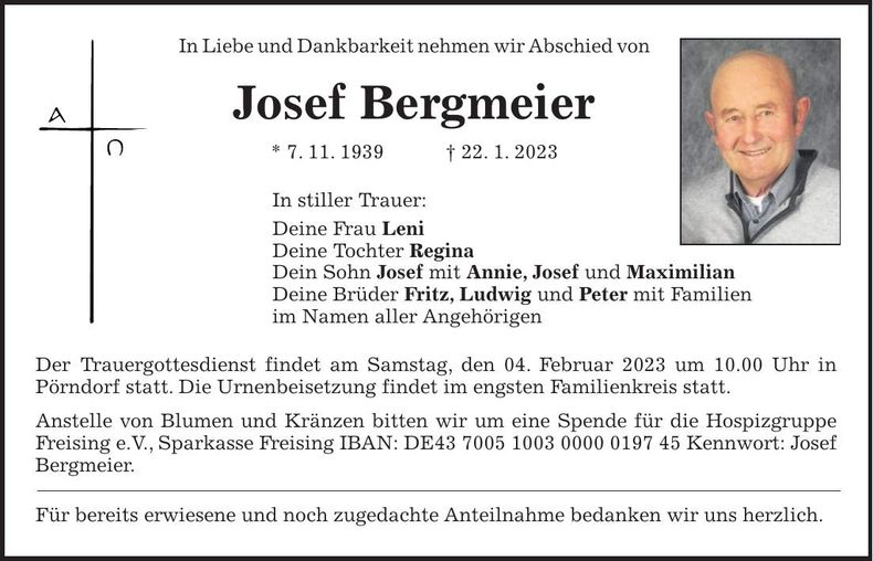Traueranzeige Josef Bergmeier