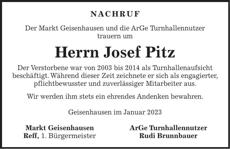 Traueranzeige Josef Pitz