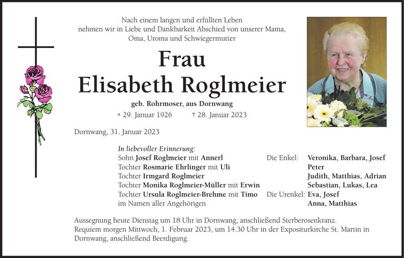 Traueranzeige Elisabeth Roglmeier