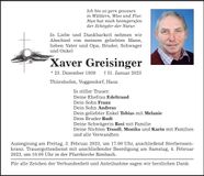 Traueranzeige Xaver Greisinger