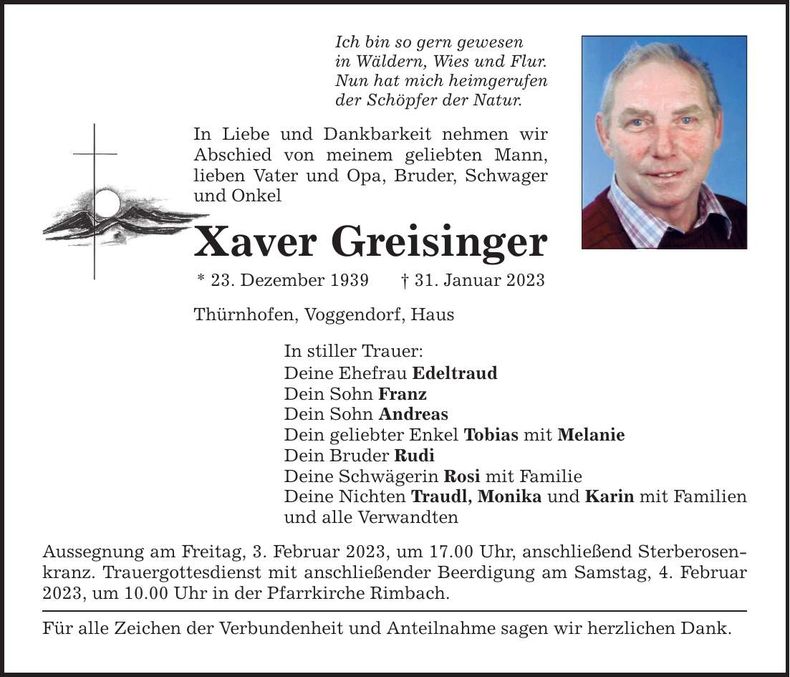 Traueranzeige Xaver Greisinger