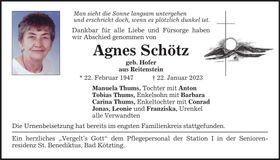 Traueranzeige Agnes Schötz