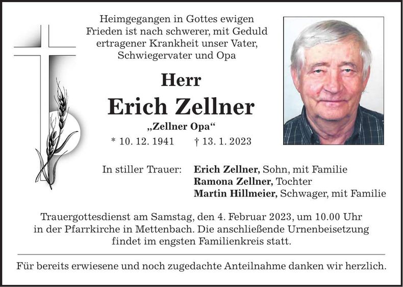 Traueranzeige Erich Zellner