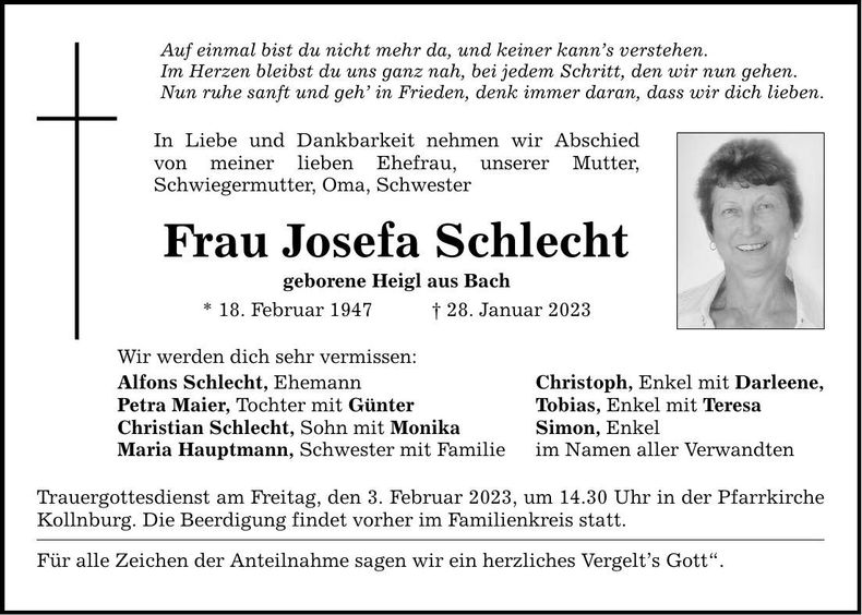Traueranzeige Josefa Schlecht