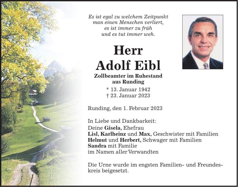 Traueranzeige Adolf Eibl