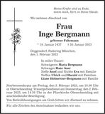 Traueranzeige Inge Bergmann
