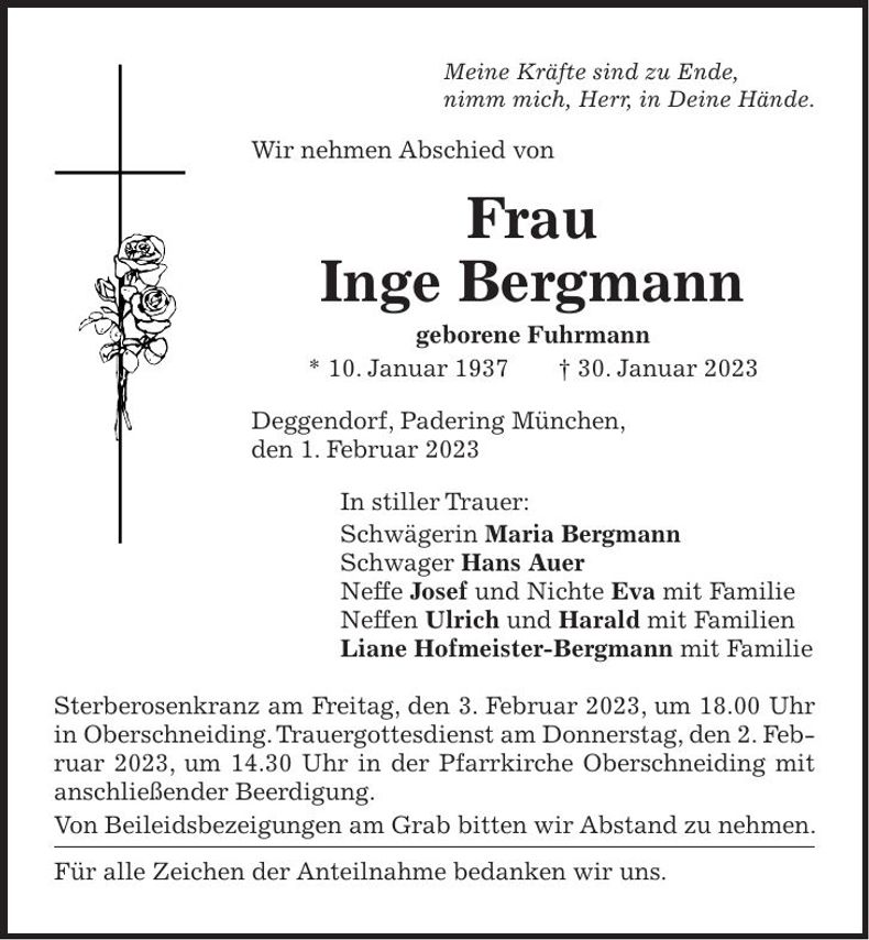 Traueranzeige Inge Bergmann