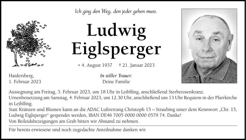 Traueranzeige Ludwig Eiglsperger