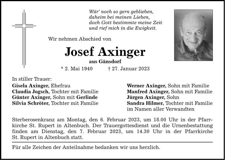 Traueranzeige Josef Axinger