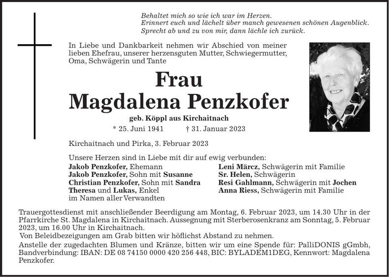 Traueranzeige Magdalena Penzkofer