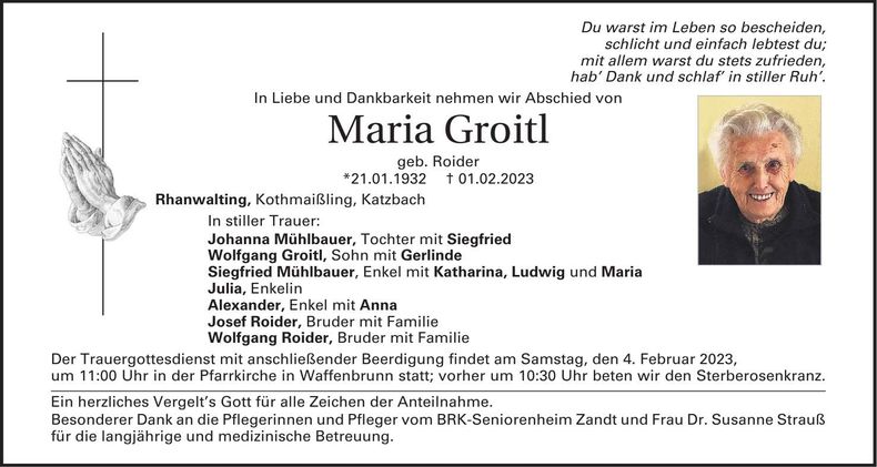 Traueranzeige Maria Groitl