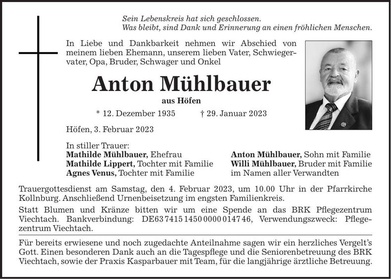 Traueranzeige Anton Mühlbauer