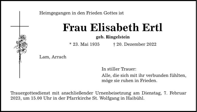 Traueranzeige Elisabeth Ertl