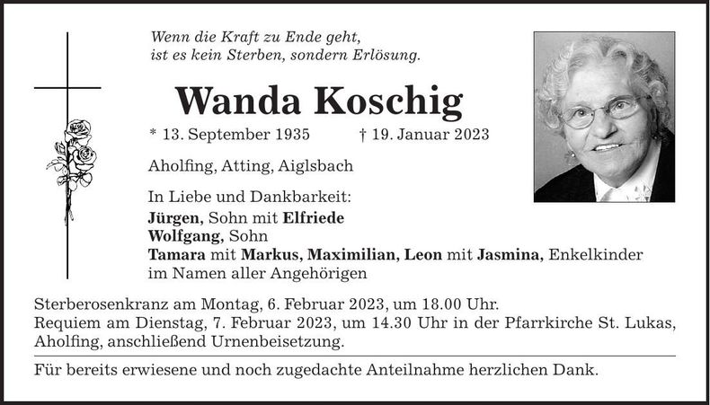 Traueranzeige Wanda Koschig