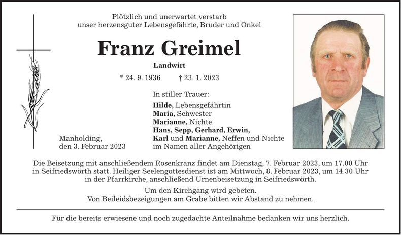 Traueranzeige Franz Greimel
